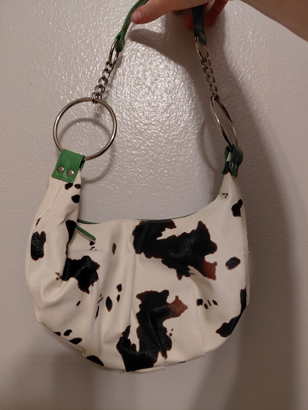 Y2K Chunky Ring Chain Strap Green Cow Print Shoulder Purse - Picture 2 of 6